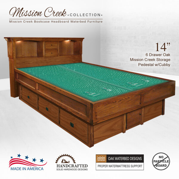 Mission Creek Bookcase Headboard with 14" 6 Drawer Oak Pedestal with Cubby